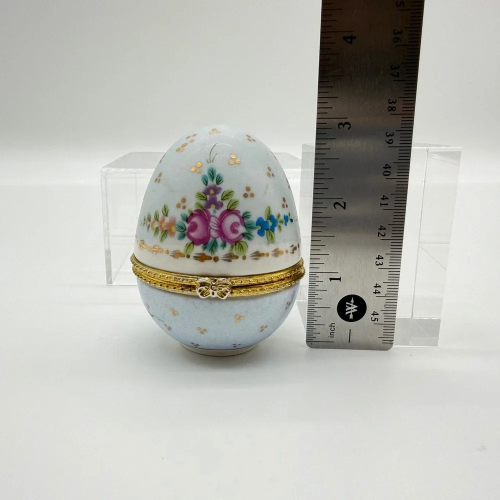 Vintage Floral Porcelain Egg Trinket Box Hand Painted Hinged Gold Trim Blue 3